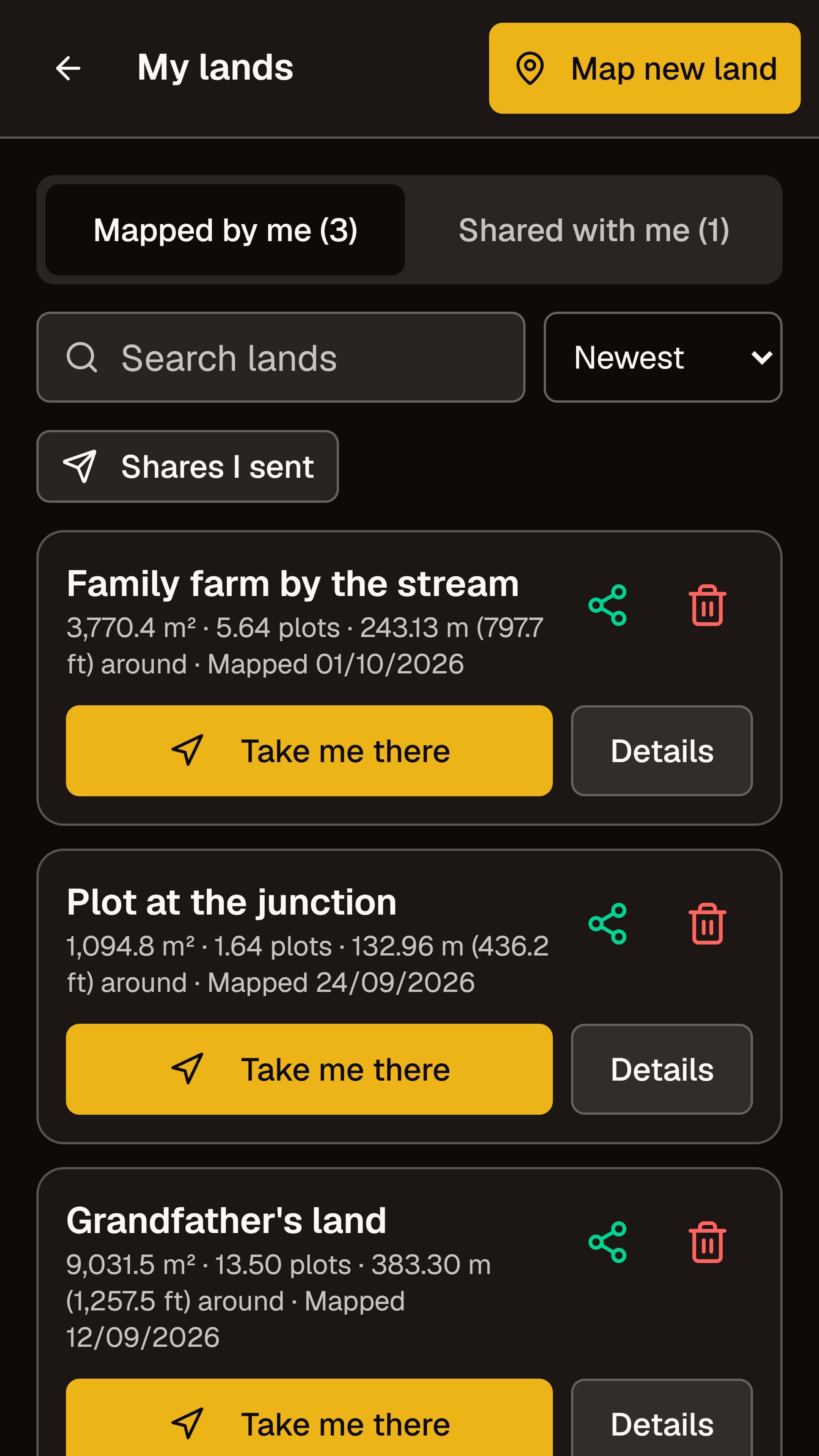 Land Mapper: List of saved lands